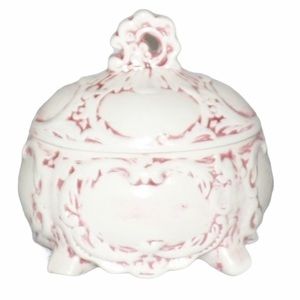 Vintage Vanity Trinket Box Pink White Heart Jewelry Dish Glazed Lid